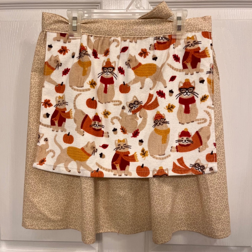 Handmade Fall Cat Half Apron Tan Leaf Print Whimsical Autumn Kitten XS-L